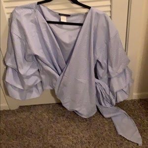 Blue & White Striped Ruffle Sleeve Top